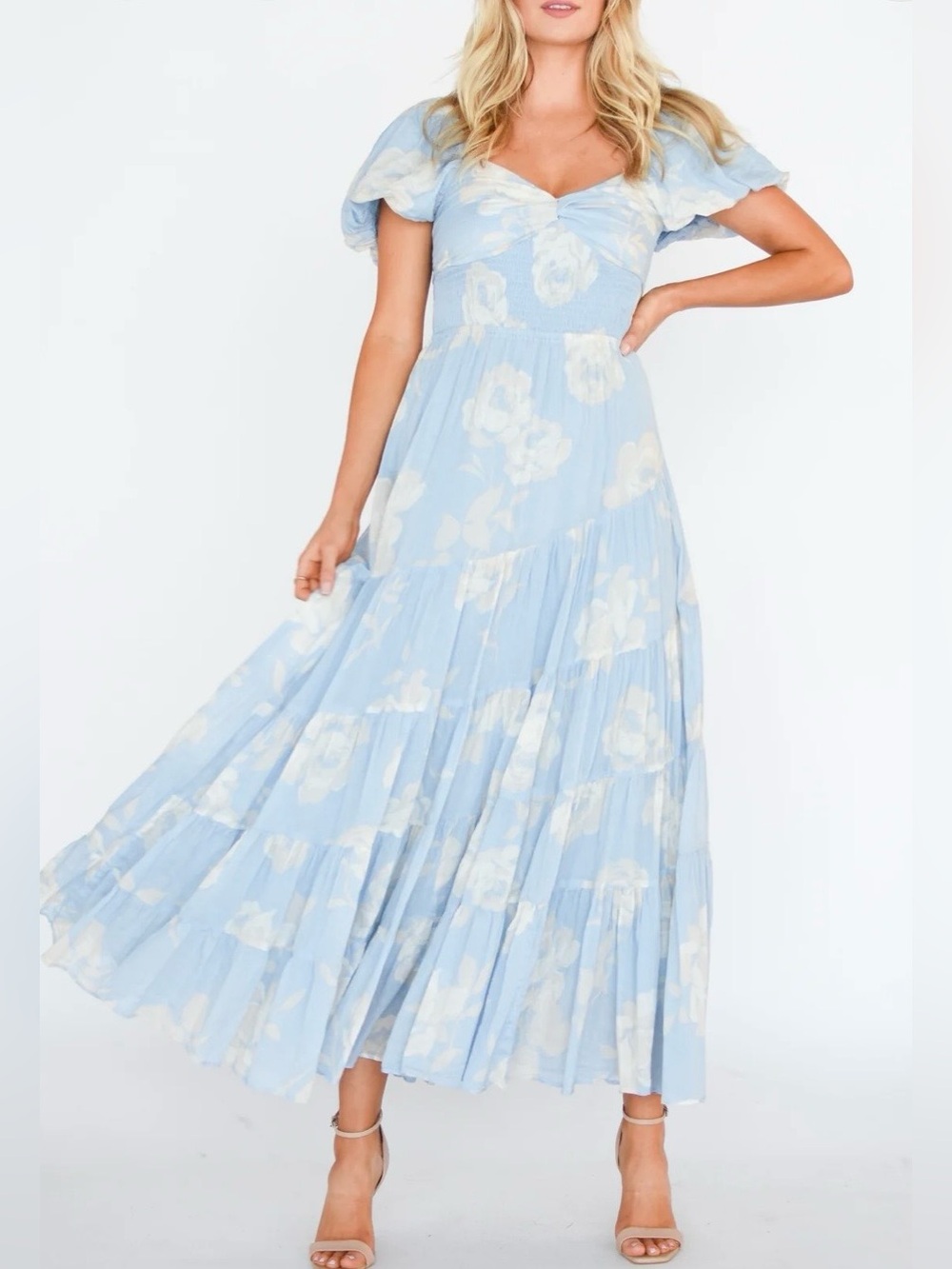 NWT Free People Sundrenched Short-Sleeve
Maxi Dress in Sky Combo,Large, Romantic